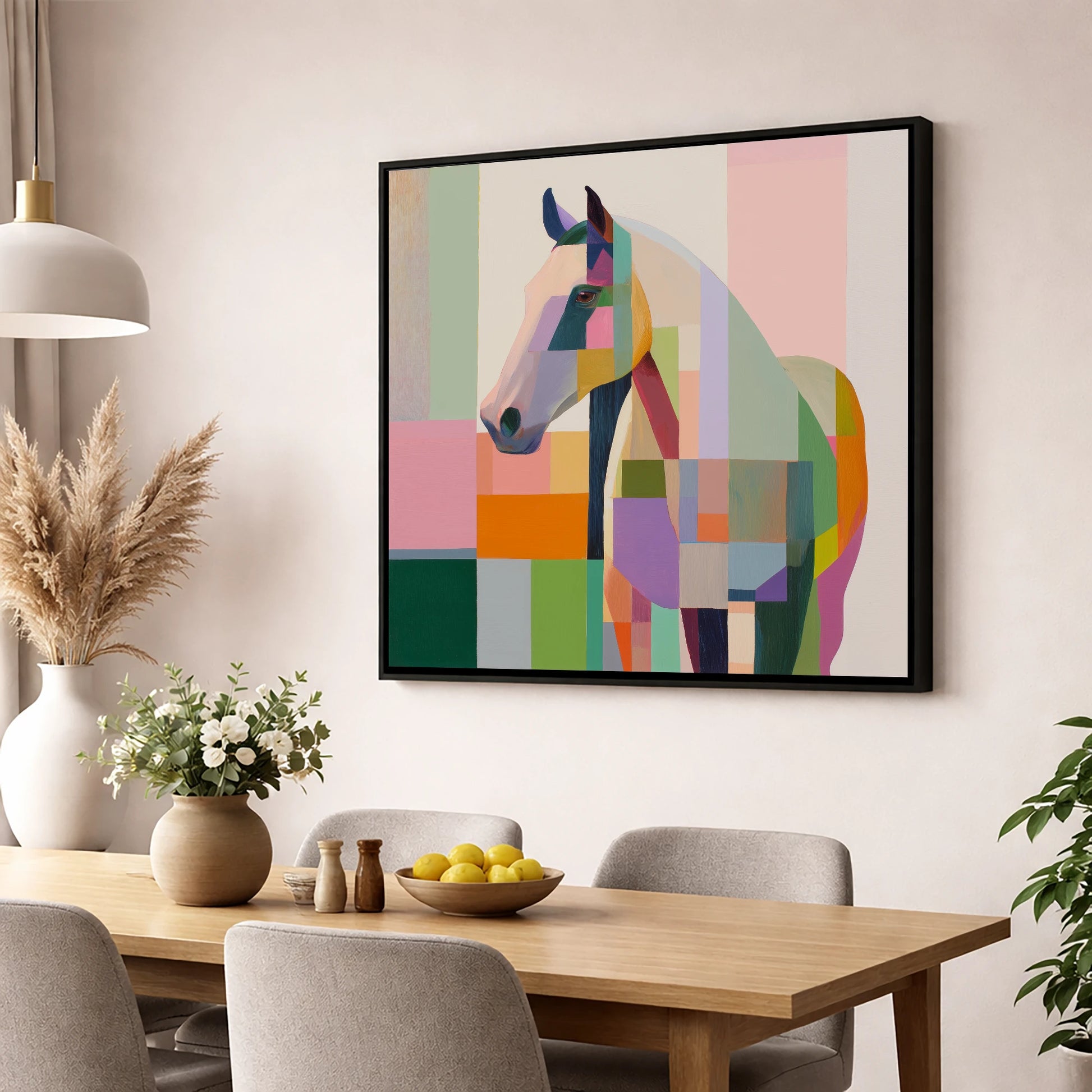 Prismatic Equine Profile horse breed wall art displayed in a dining room