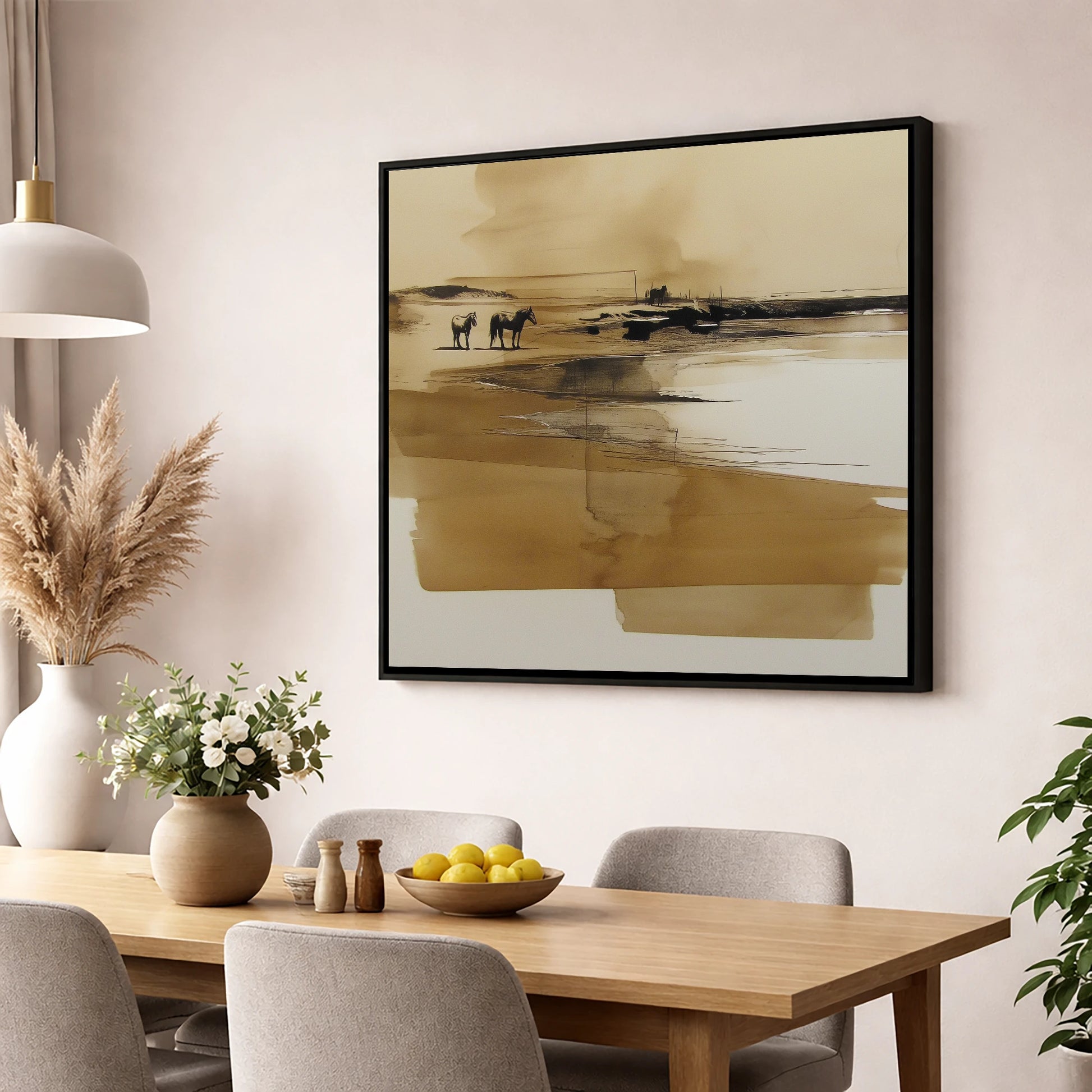 Sepia Shoreline Drift horse landscape wall art displayed in a dining room