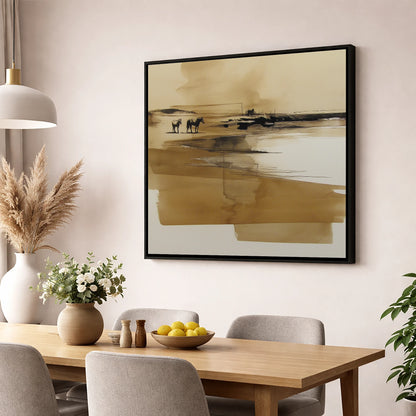 Sepia Shoreline Drift horse landscape wall art displayed in a dining room