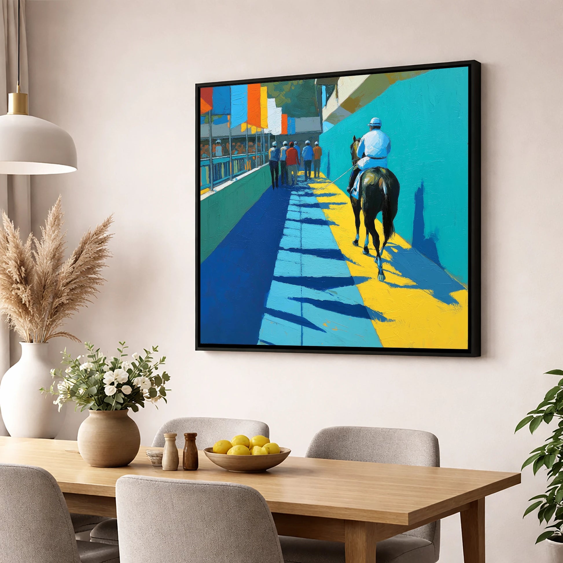 Walk to the Start racing horse wall art displayed in a dining room