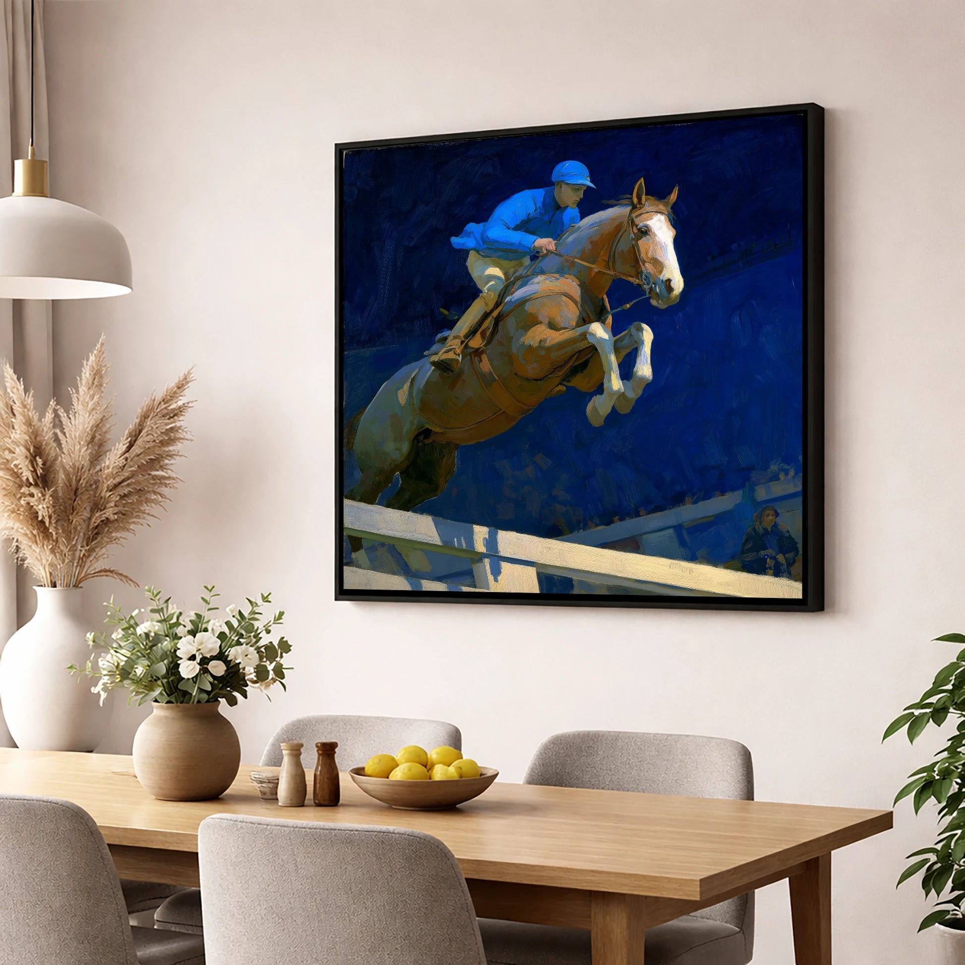 Bold Cobalt Clearance show jumping horse wall art displayed in a dining room