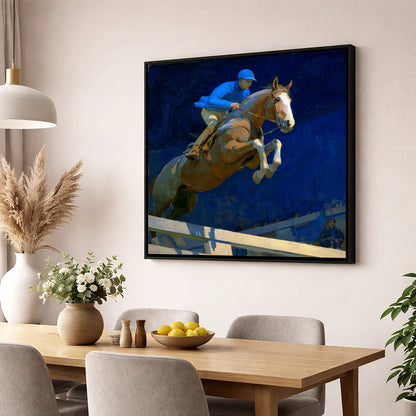 Bold Cobalt Clearance show jumping horse wall art displayed in a dining room