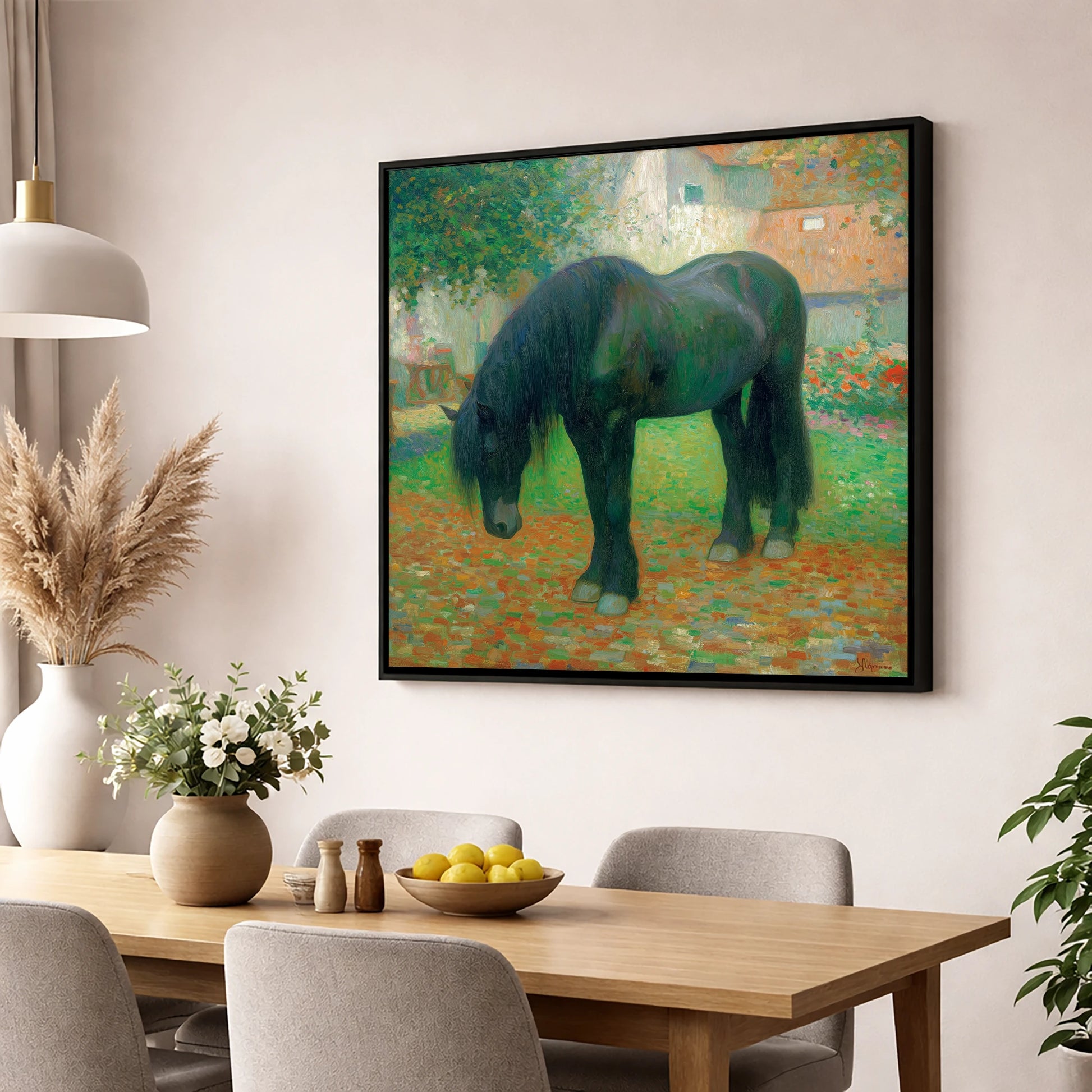 The Sunlit Draught horse breed wall art displayed in a dining room