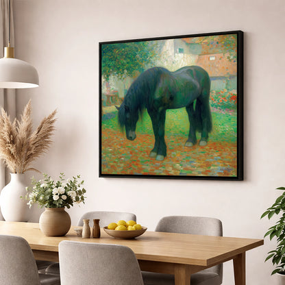 The Sunlit Draught horse breed wall art displayed in a dining room