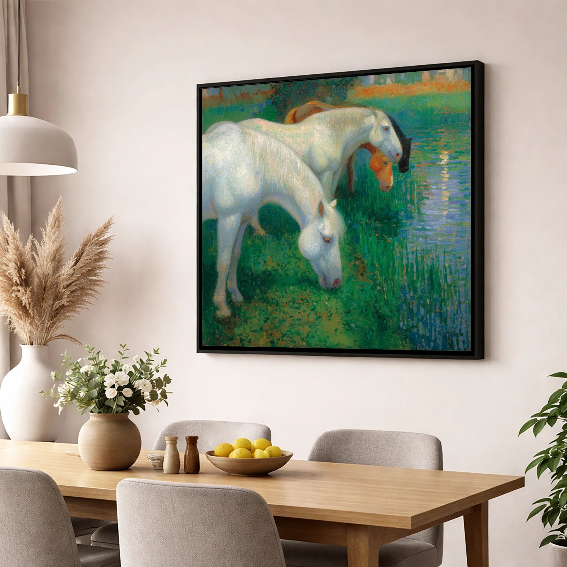 Luminous Riverside Grazing horse landscape wall art displayed in a dining room