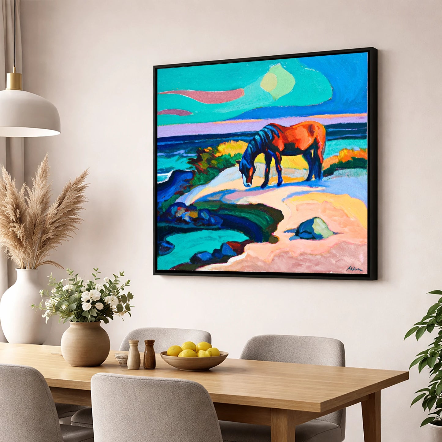 Vibrant Coastal Graze horse landscape wall art displayed in a dining room
