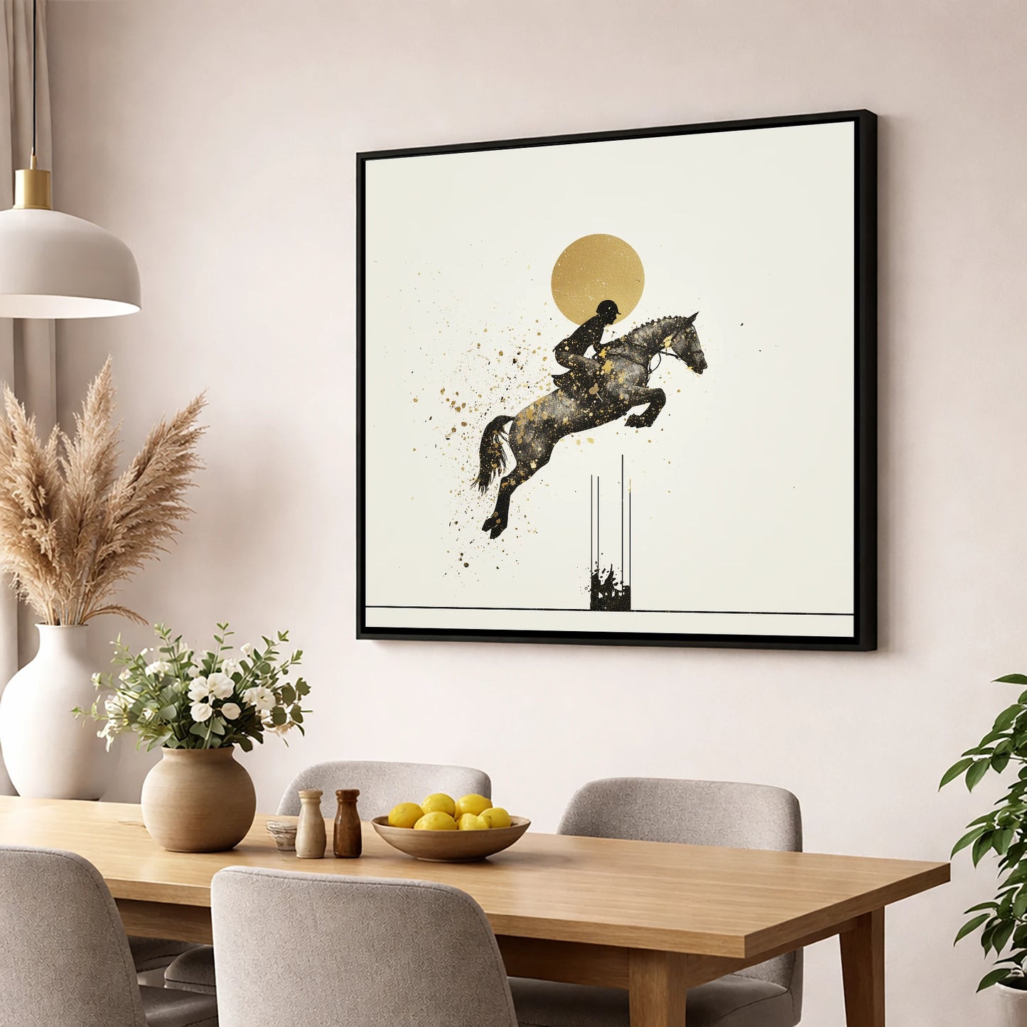 Golden Arc Showjumper show jumping horse wall art displayed in a dining room