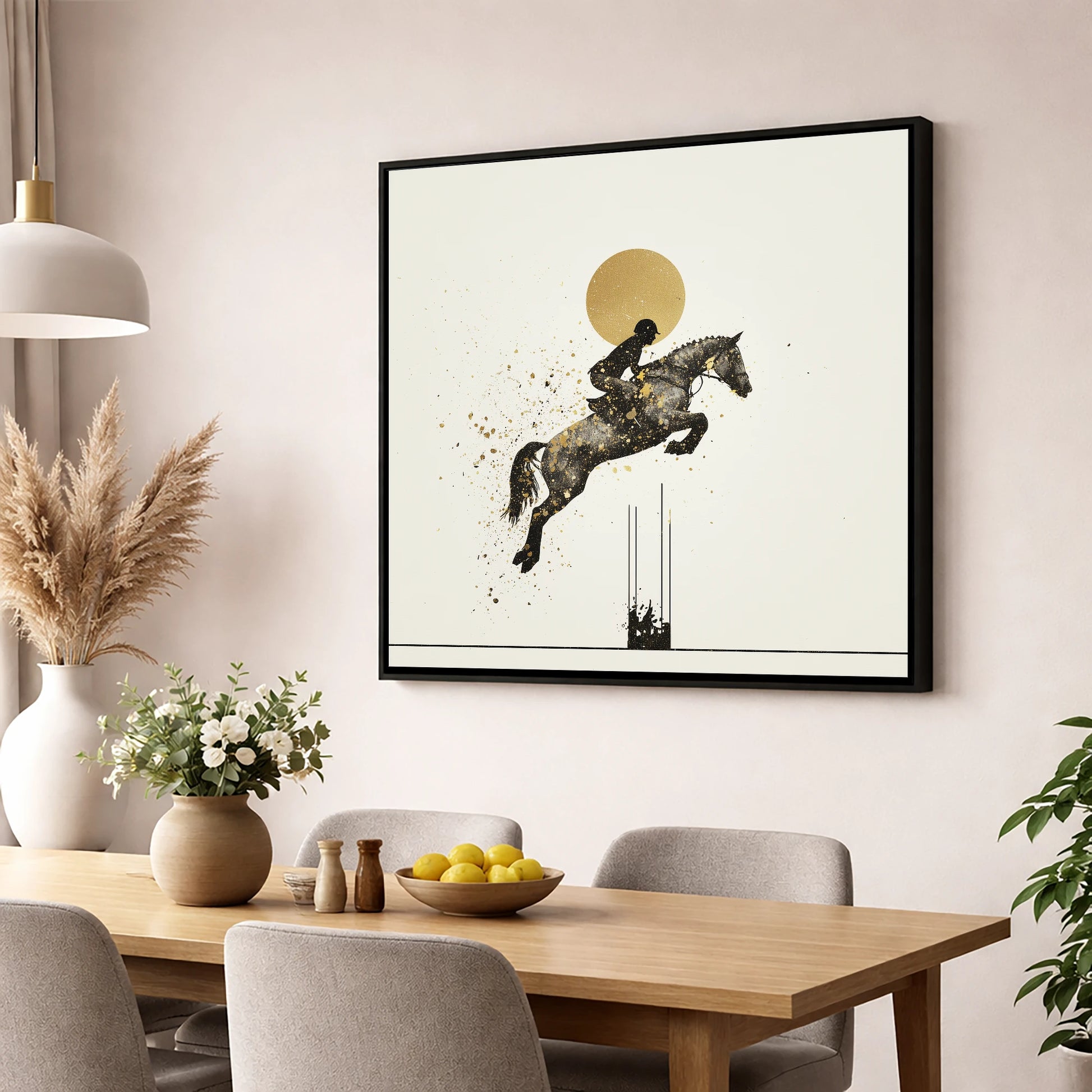 Golden Arc Showjumper show jumping horse wall art displayed in a dining room