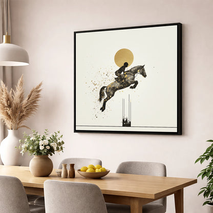 Golden Arc Showjumper show jumping horse wall art displayed in a dining room