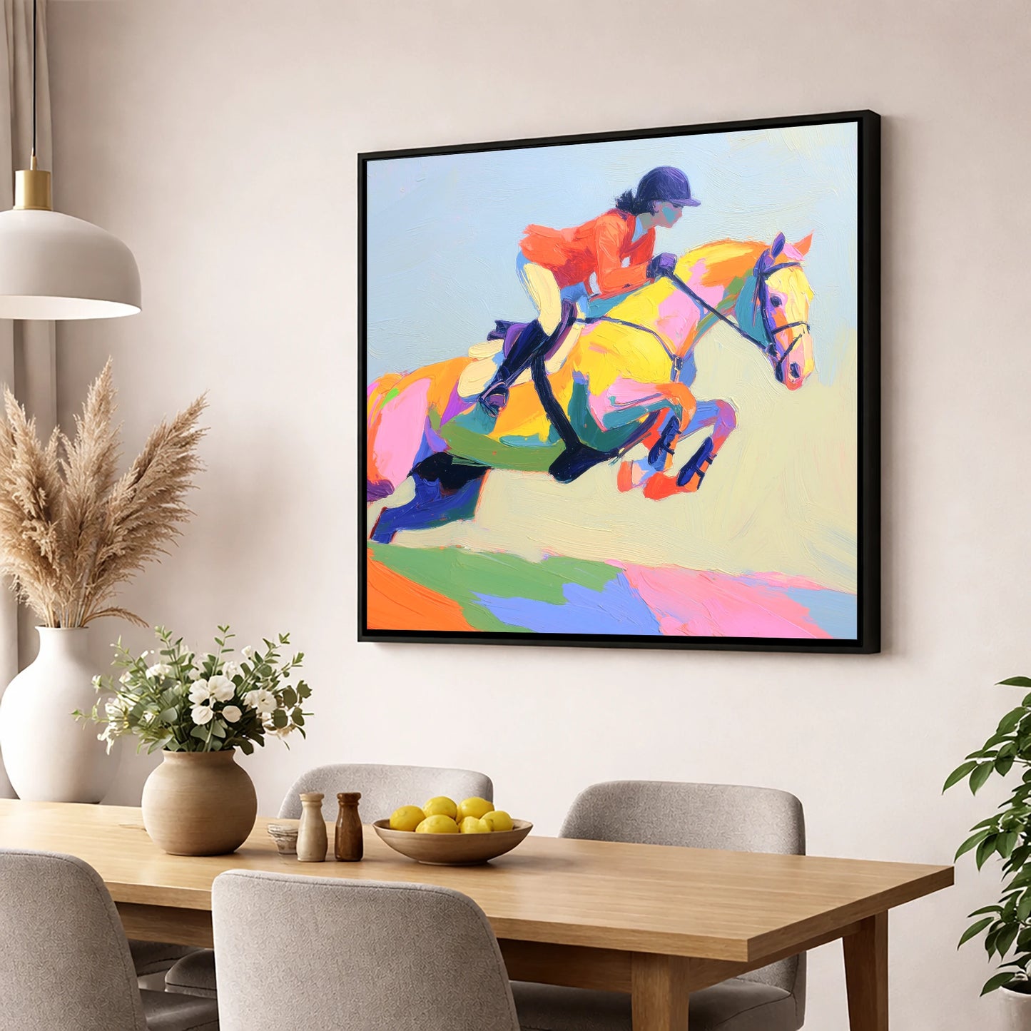 Chromatic Showjumper show jumping horse wall art displayed in a dining room