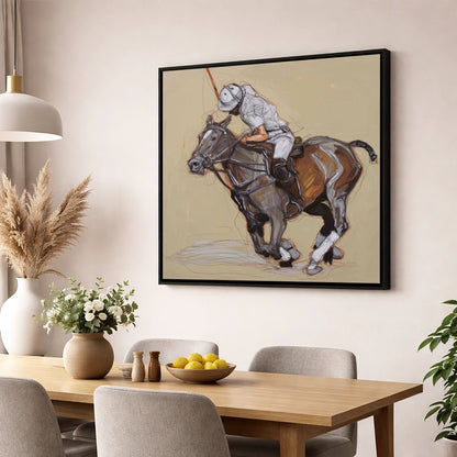 Momentum on the Field polo horse wall art displayed in a dining room