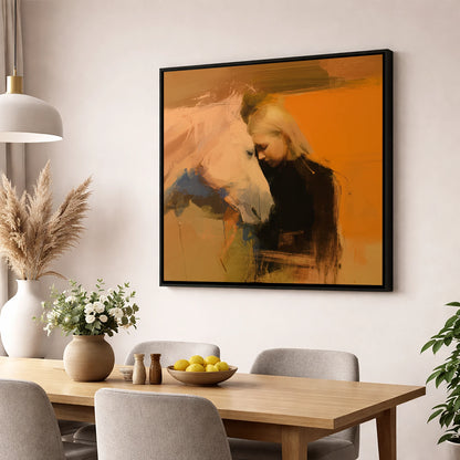 Silent Connection horse & rider wall art displayed in a dining room