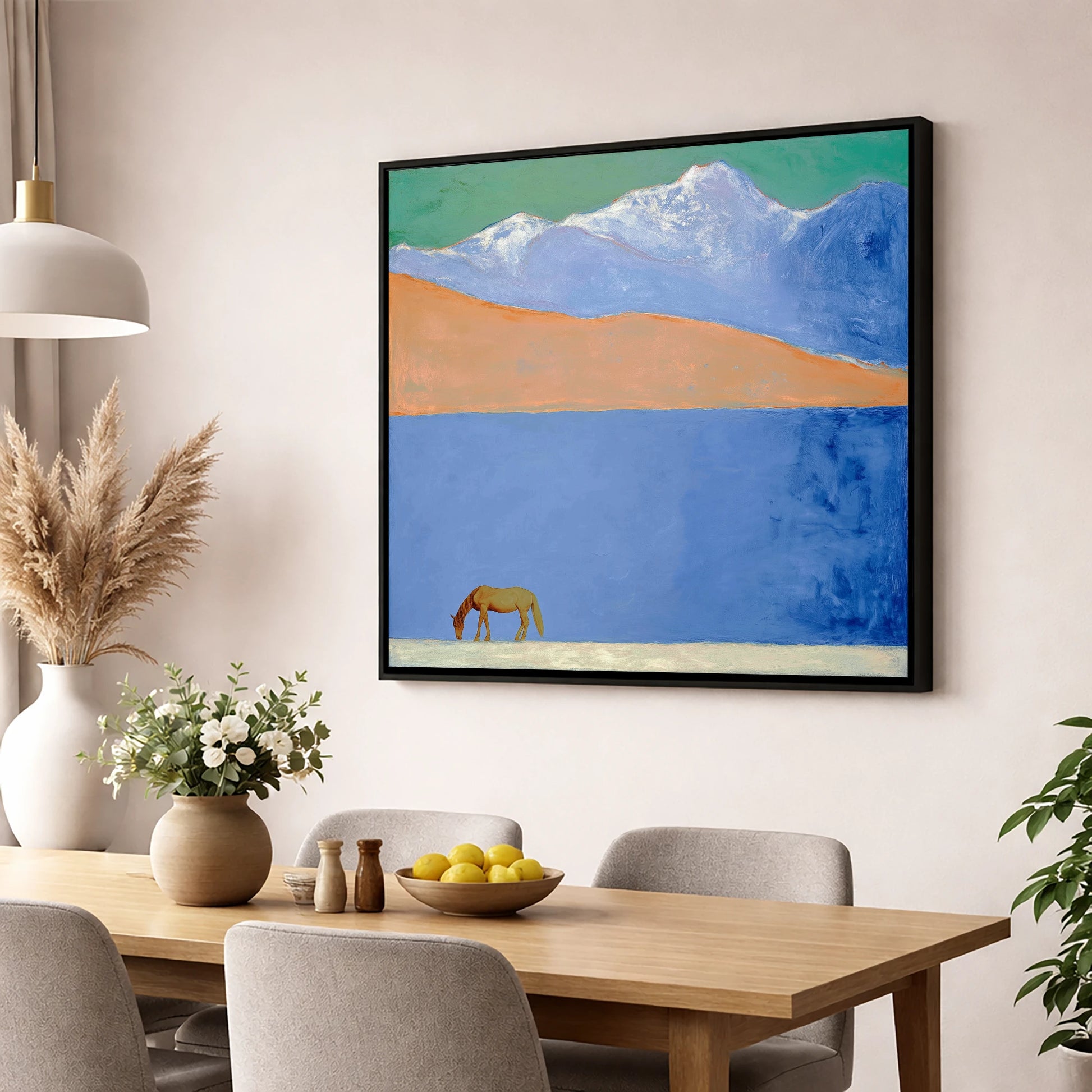 Alpine Solitude horse landscape wall art displayed in a dining room