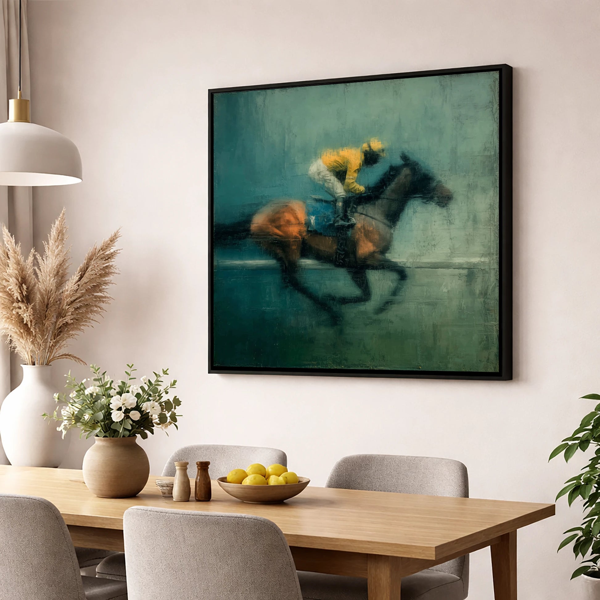The Final Furlong racing horse wall art displayed in a dining room