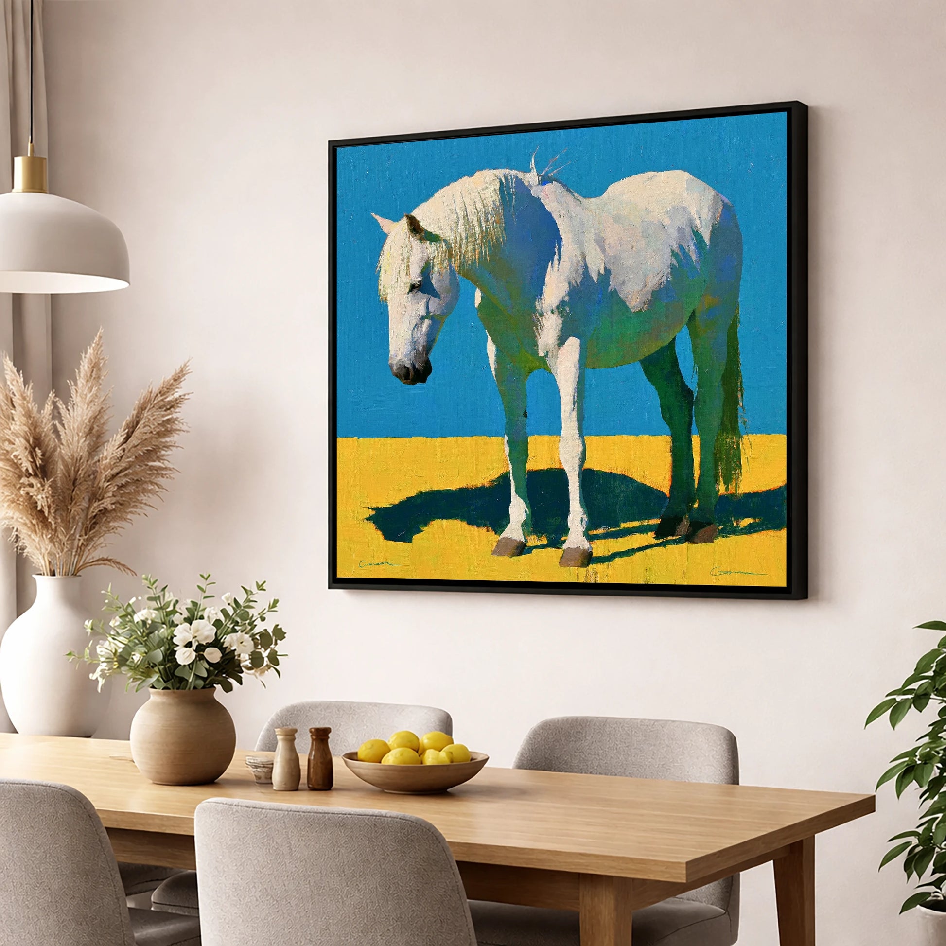 Sunlit Grey Horse Blue Sky horse breed wall art displayed in a dining room