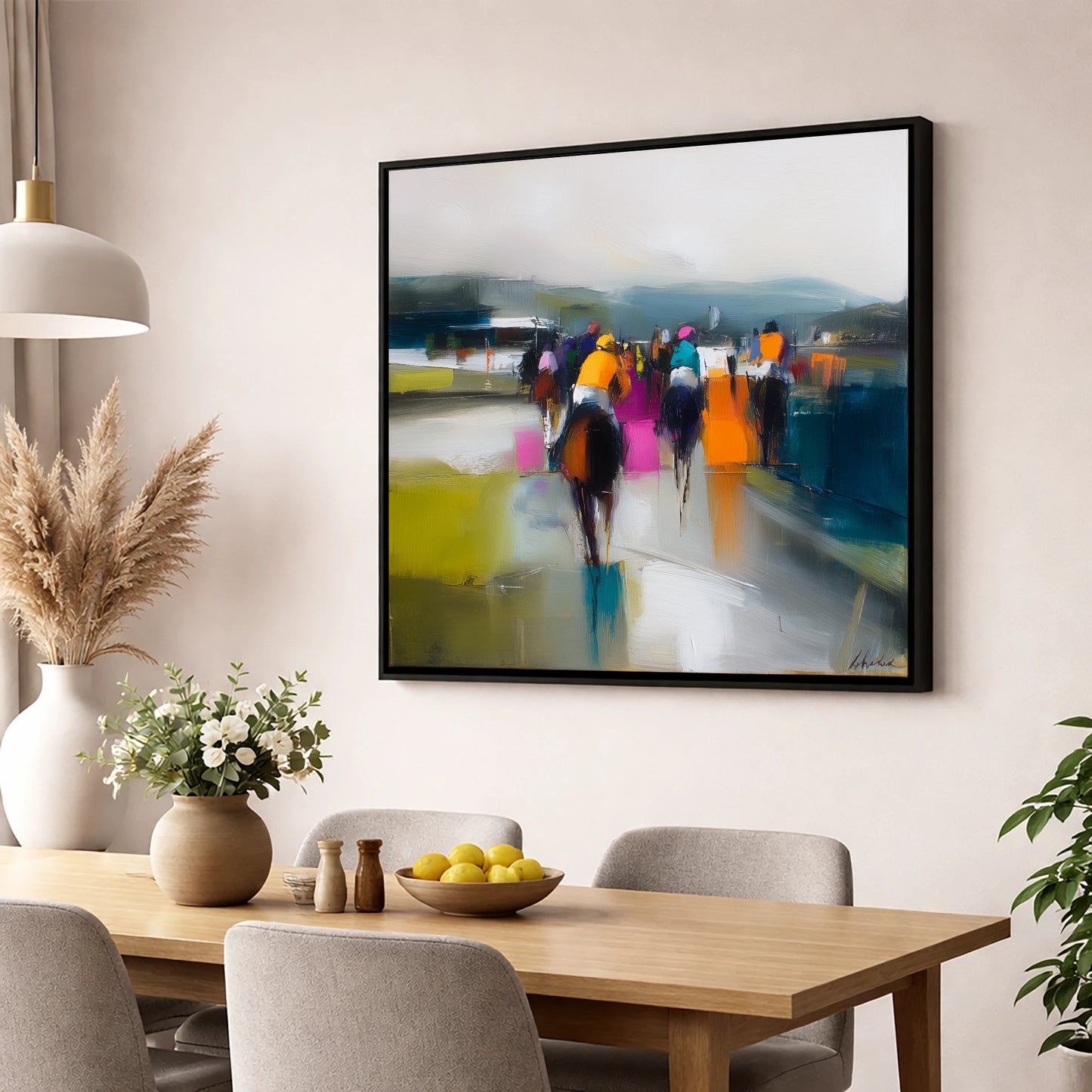 Colours on the Turf racing horse wall art displayed in a dining room
