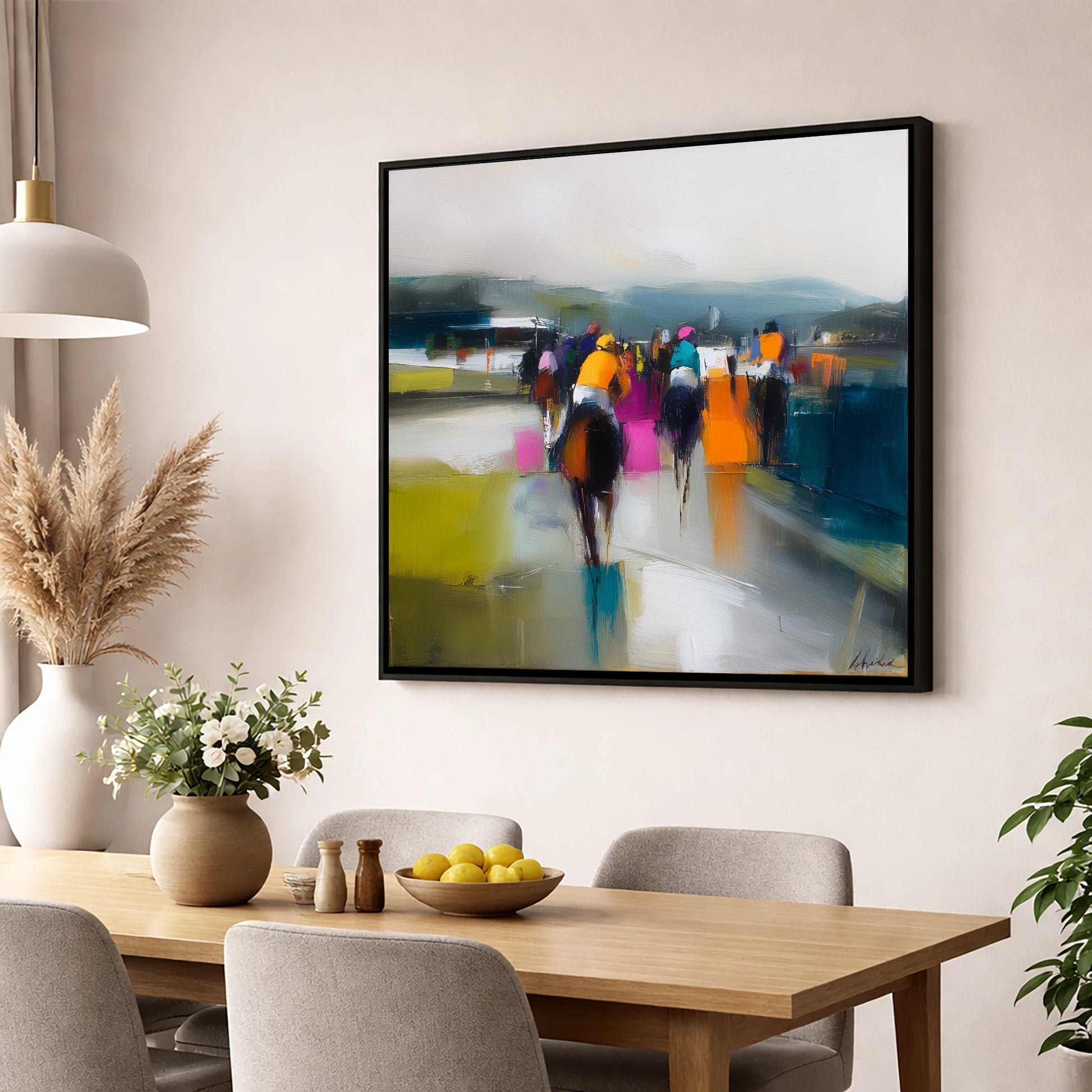 Colours on the Turf racing horse wall art displayed in a dining room