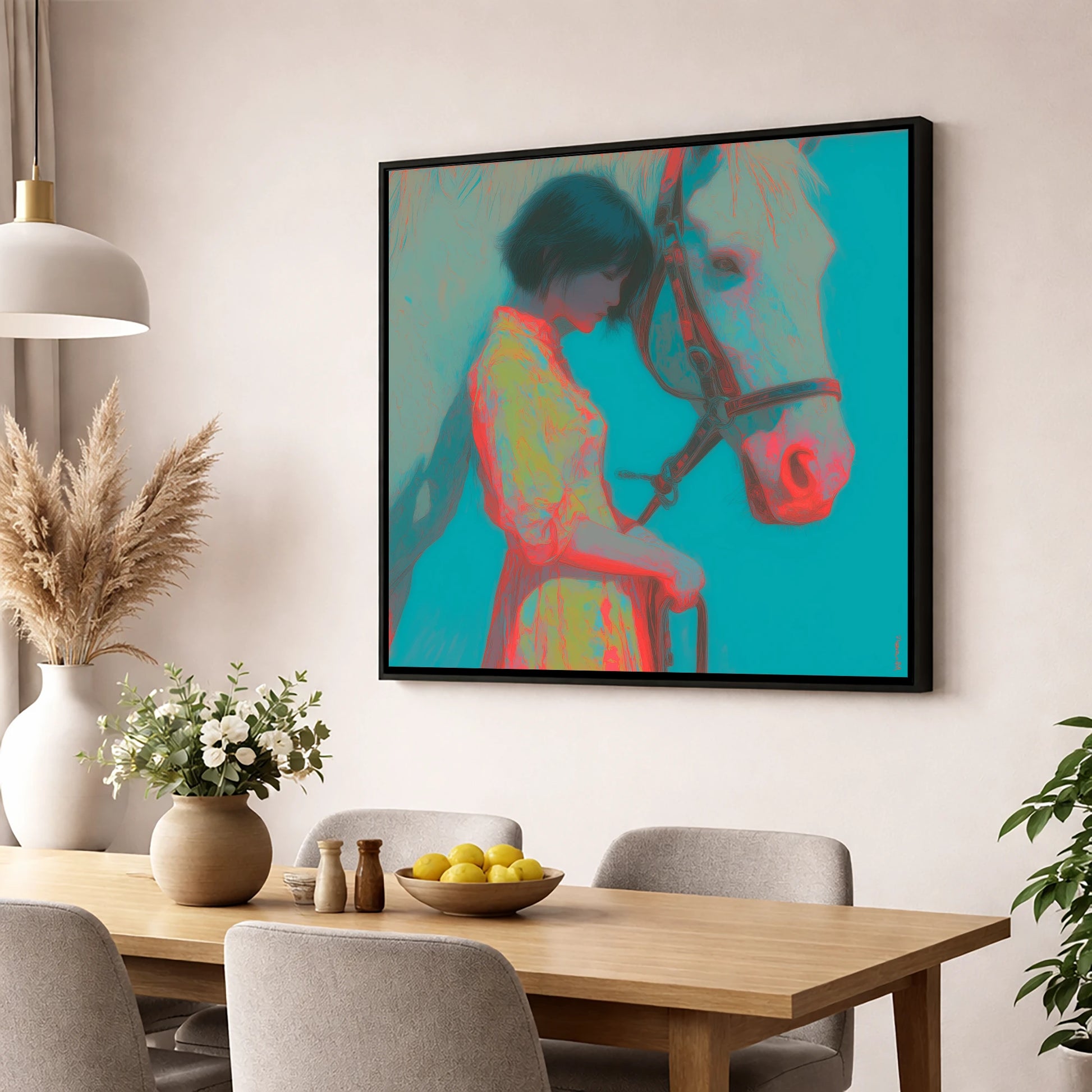 Electric Bond horse & rider wall art displayed in a dining room