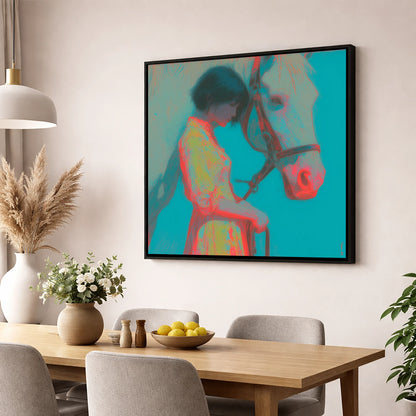Electric Bond horse & rider wall art displayed in a dining room