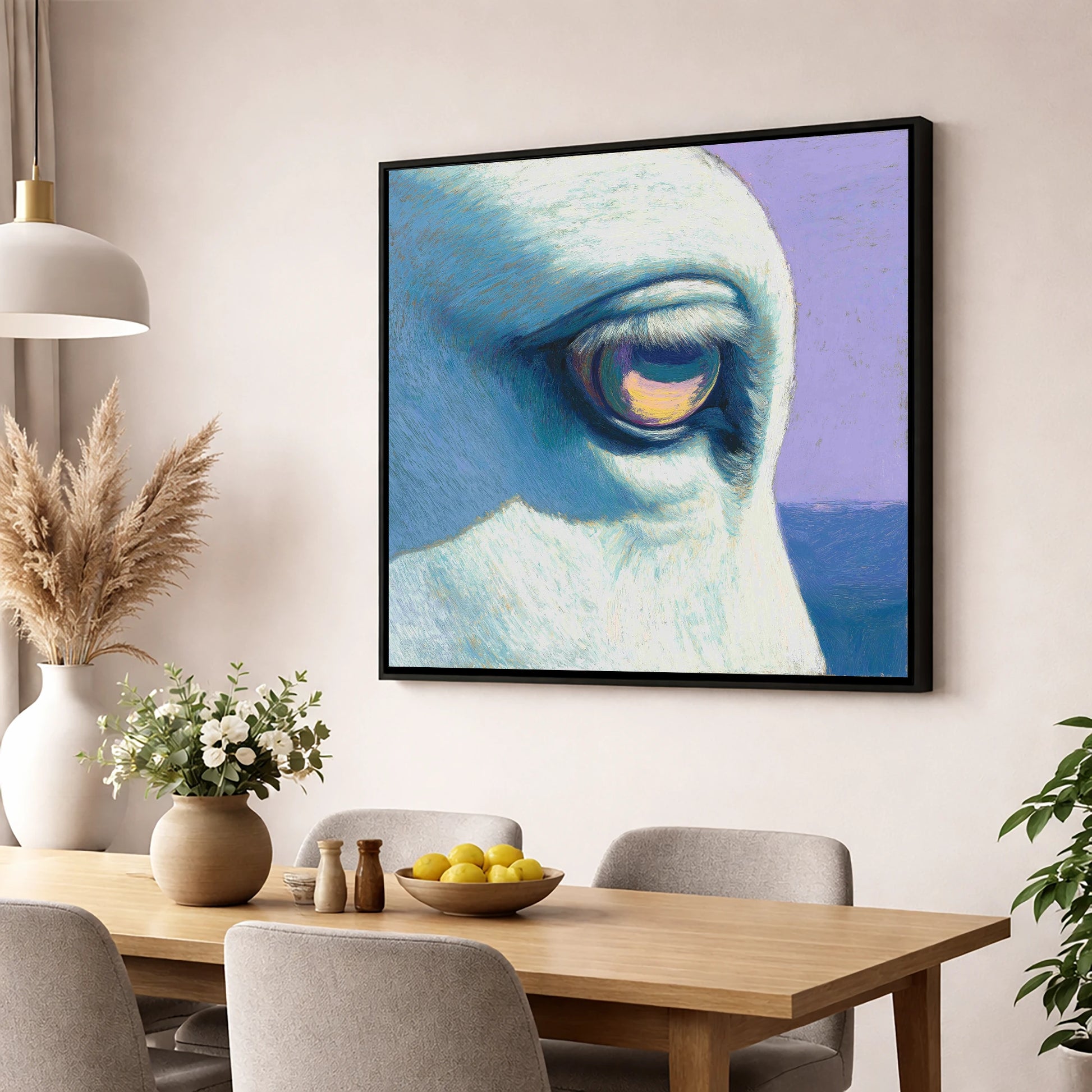 The Serene Gaze horse portrait wall art displayed in a dining room