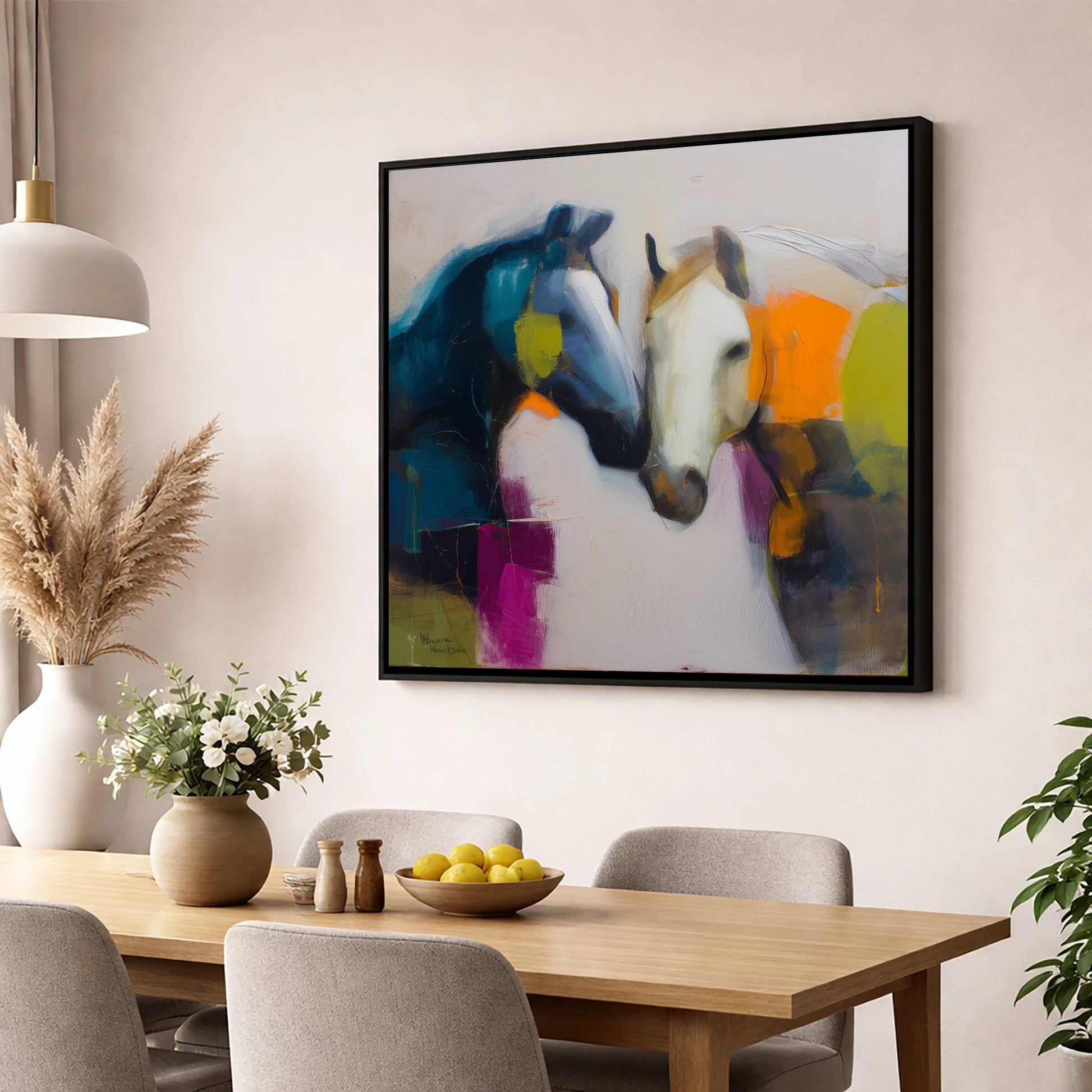 Vibrant Equine Bond horse portrait wall art displayed in a dining room