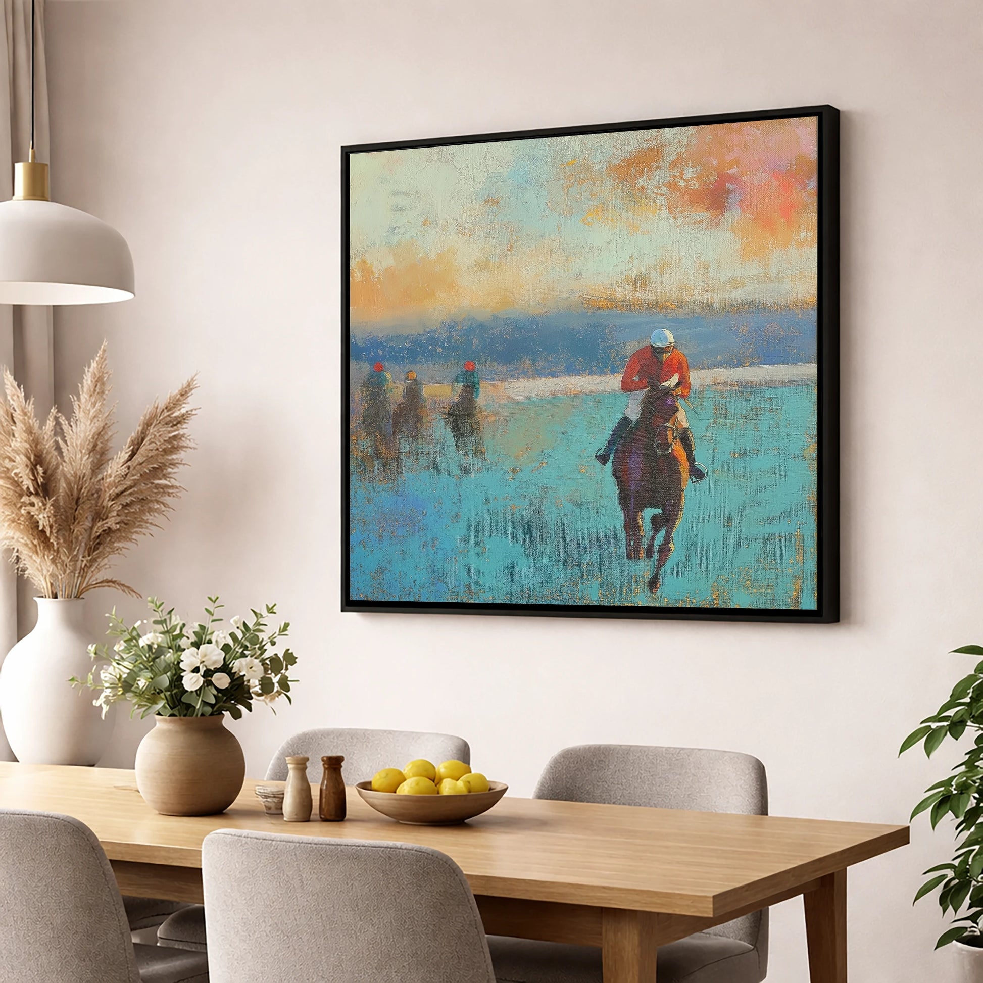 The Front Runner racing horse wall art displayed in a dining room