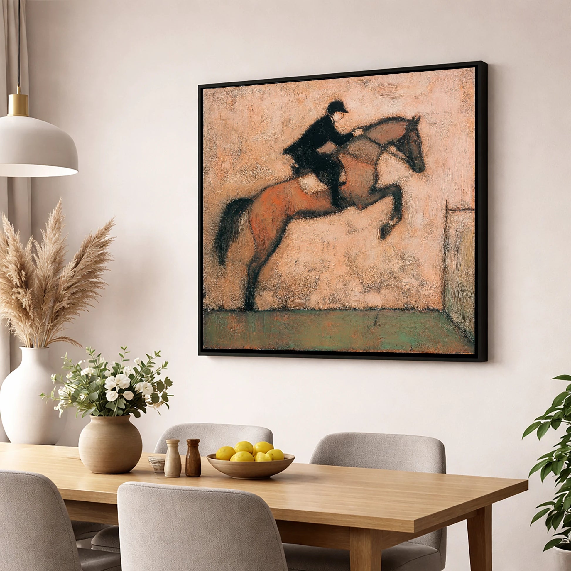 The Perfect Arc show jumping horse wall art displayed in a dining room