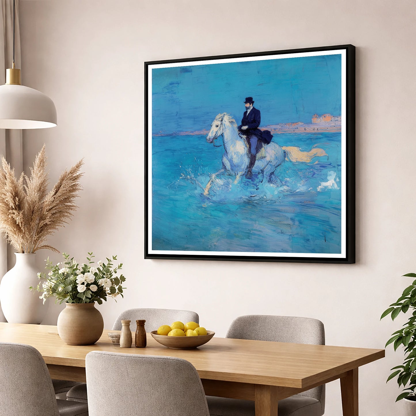 Elegance on the Shore beach horse wall art displayed in a dining room