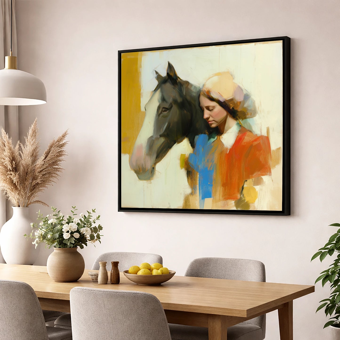 Unspoken Bond horse & rider wall art displayed in a dining room