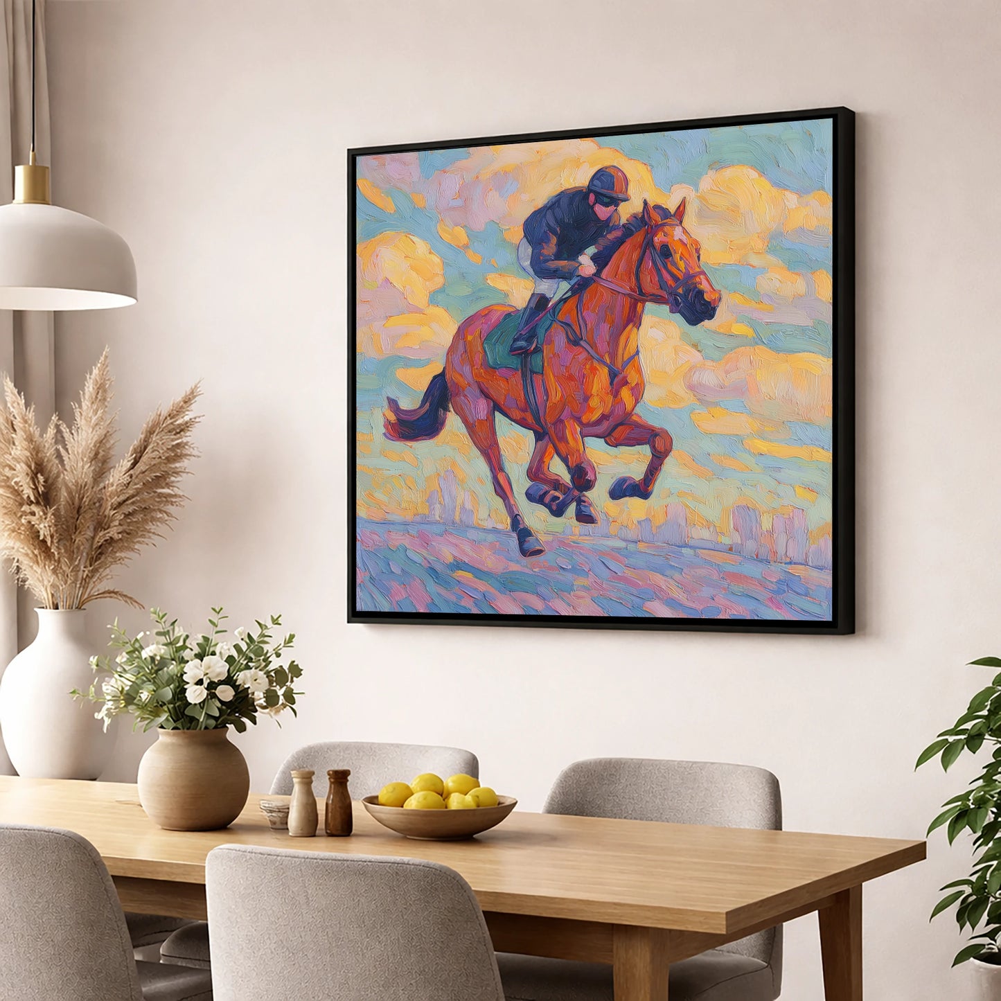Technicolour Gallop racing horse wall art displayed in a dining room