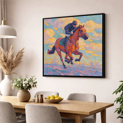 Technicolour Gallop racing horse wall art displayed in a dining room
