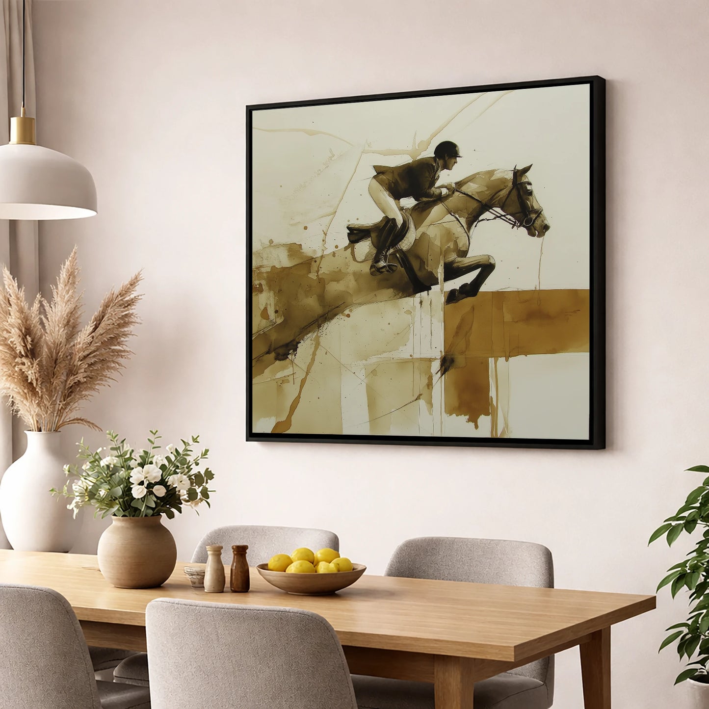 Fluidity in Flight show jumping horse wall art displayed in a dining room