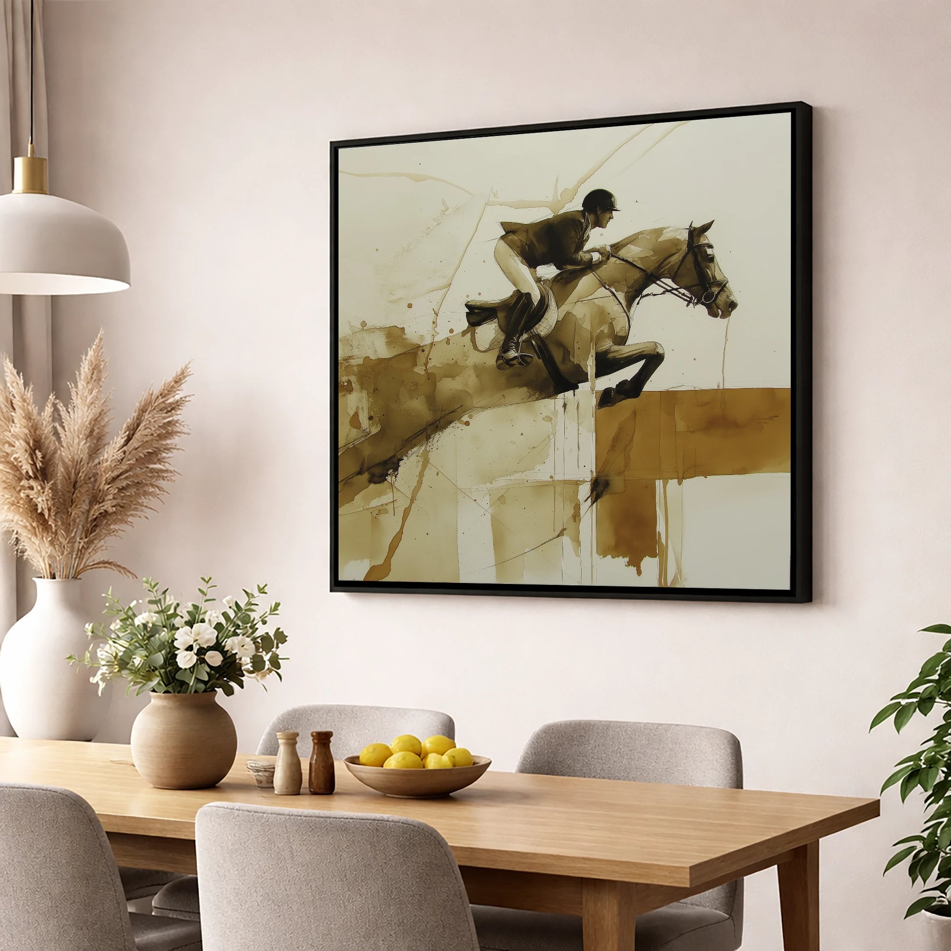 Fluidity in Flight show jumping horse wall art displayed in a dining room