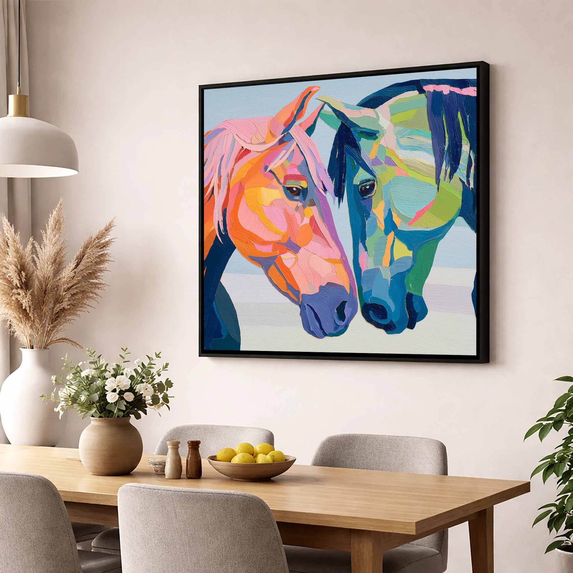 Vibrant Equine Connection horse portrait wall art displayed in a dining room