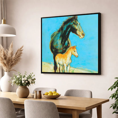 Cerulean Bond mare & foal wall art displayed in a dining room