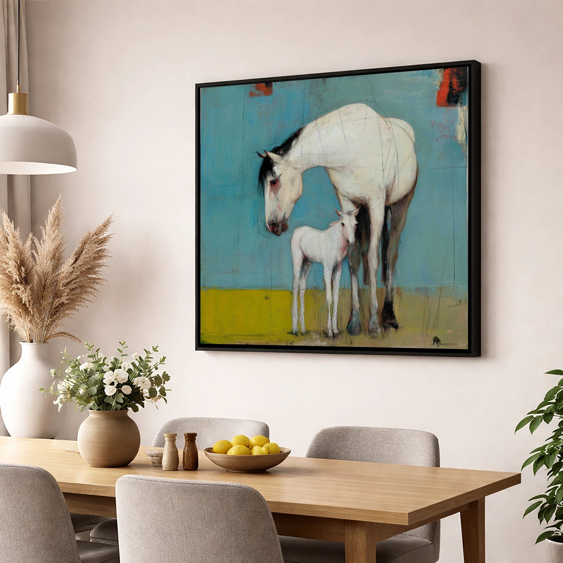 Quiet Bond in Teal mare & foal wall art displayed in a dining room