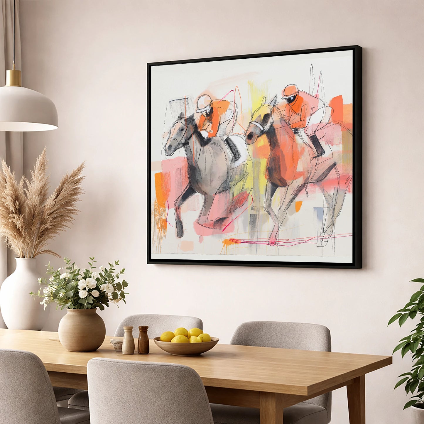 Vibrant Pursuit racing horse wall art displayed in a dining room
