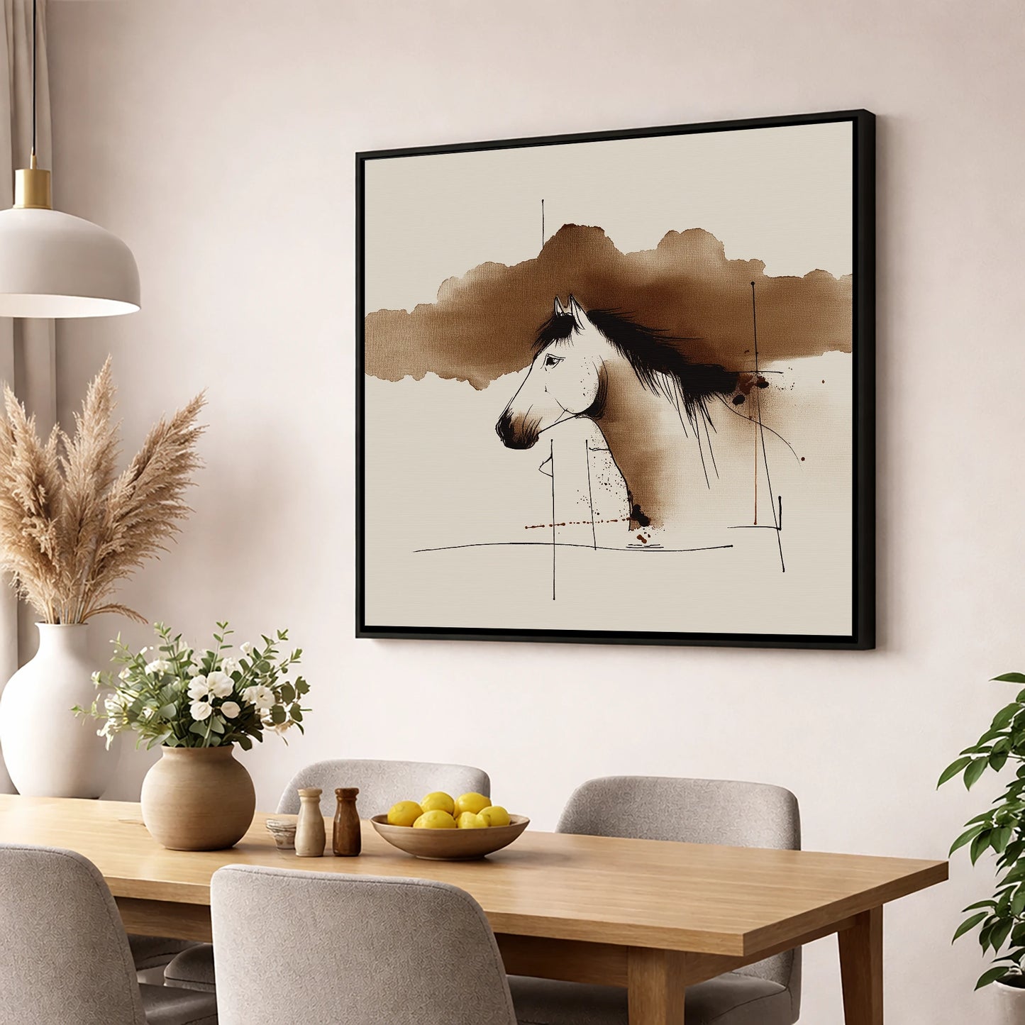 Abstract Sepia Equine Profile horse portrait wall art displayed in a dining room