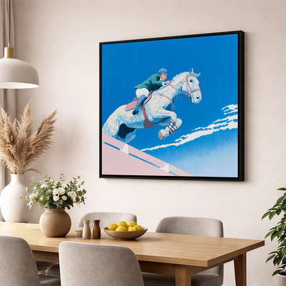 Airborne Over Blue show jumping horse wall art displayed in a dining room