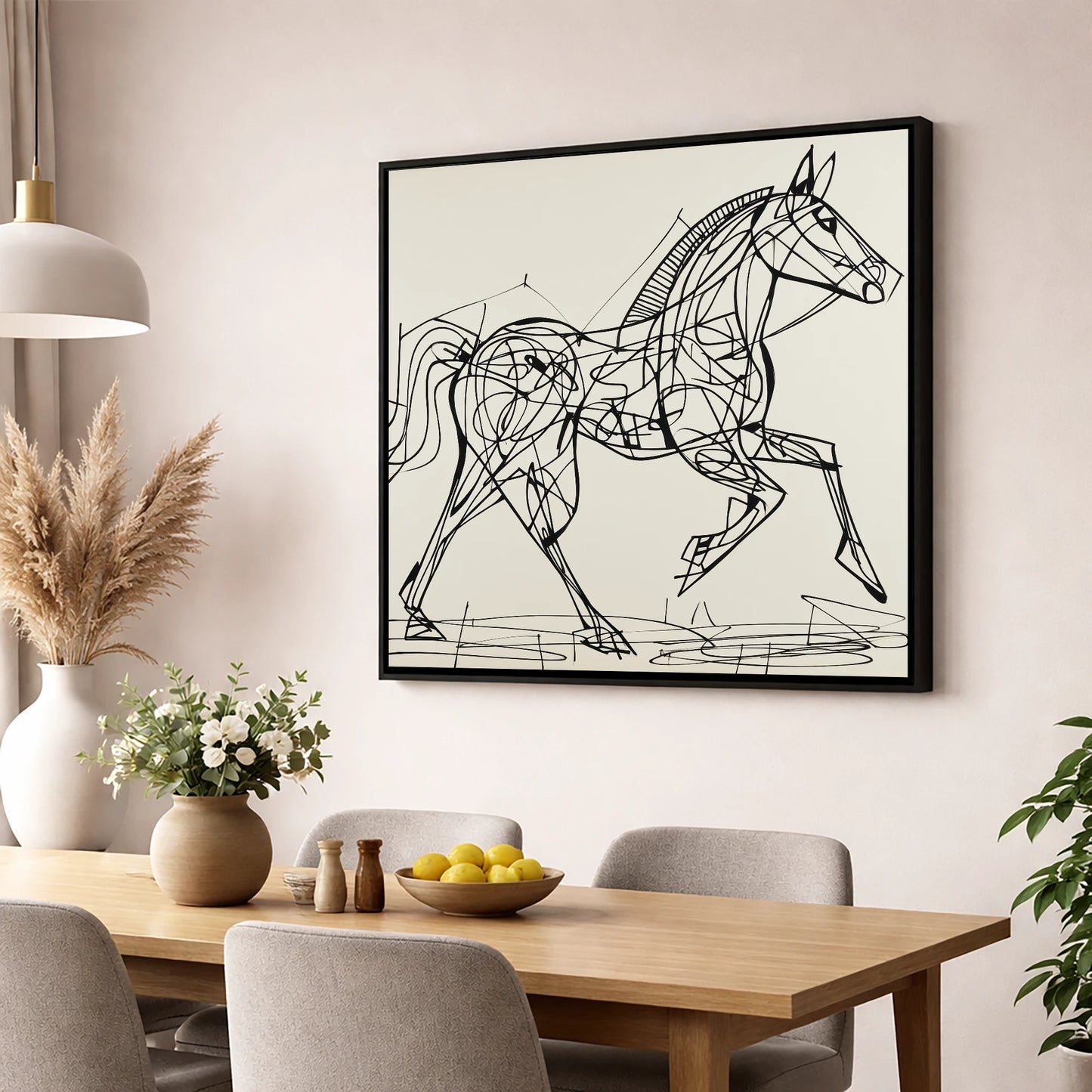Structural Stride racing horse wall art displayed in a dining room