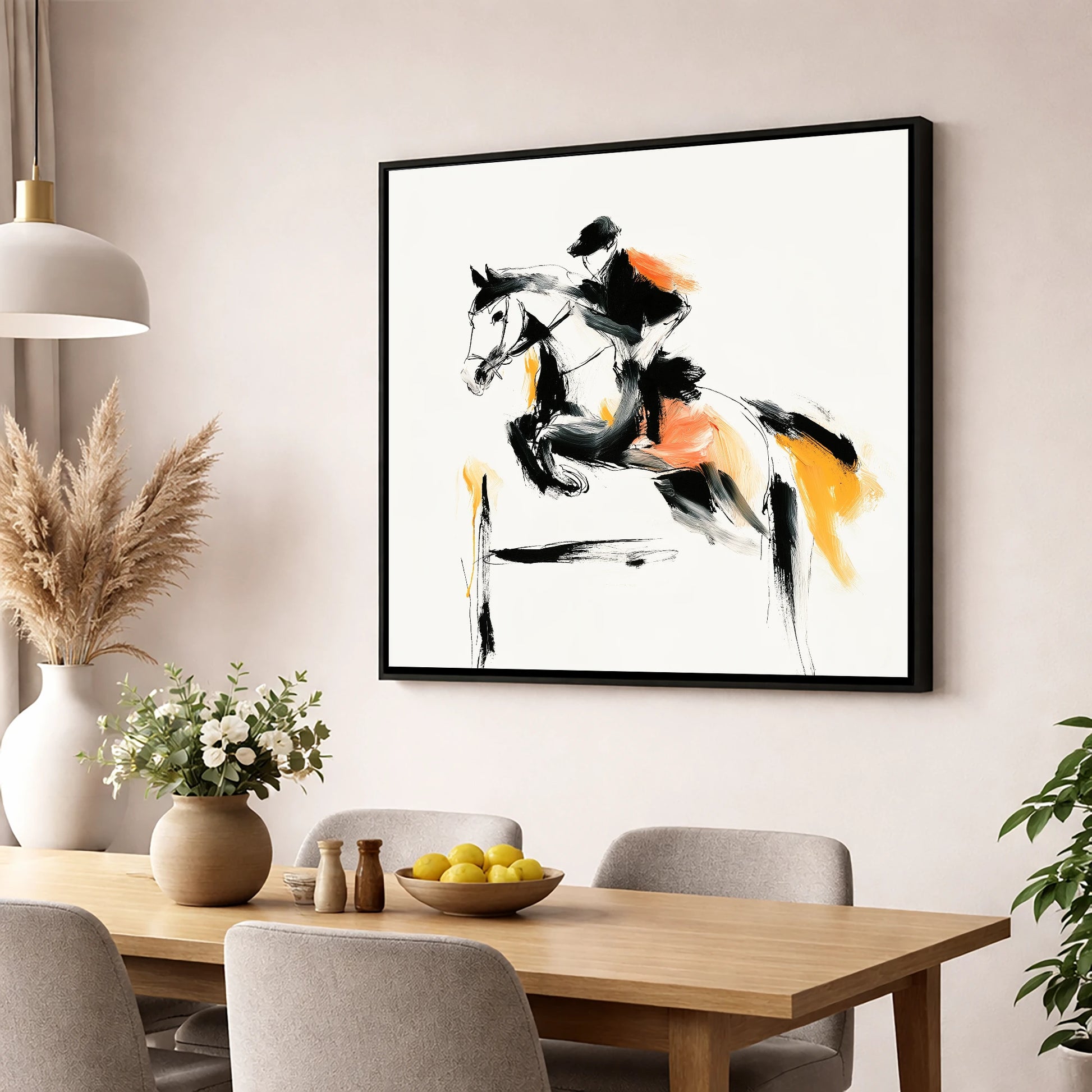 The Amber Leap show jumping horse wall art displayed in a dining room