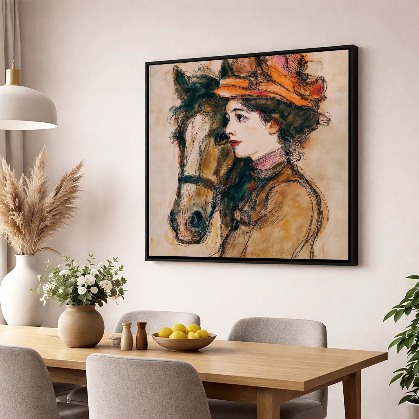 A Shared Silence horse & rider wall art displayed in a dining room