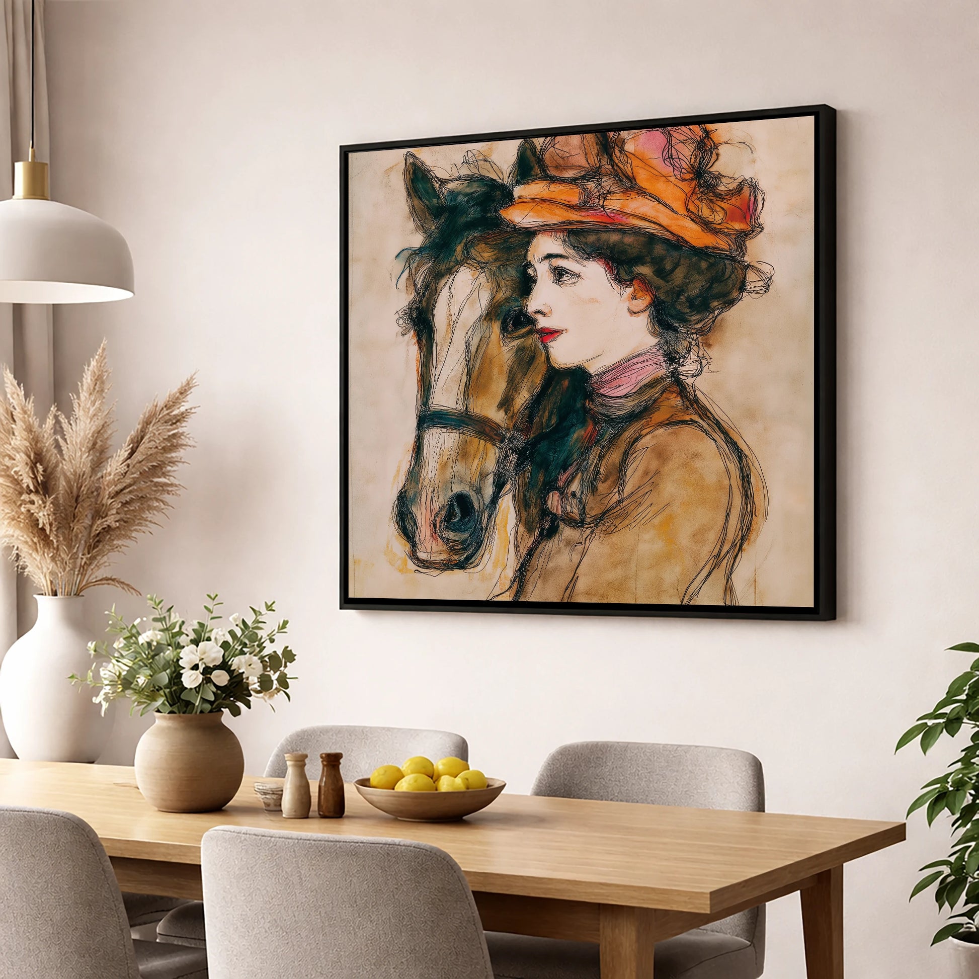 A Shared Silence horse & rider wall art displayed in a dining room