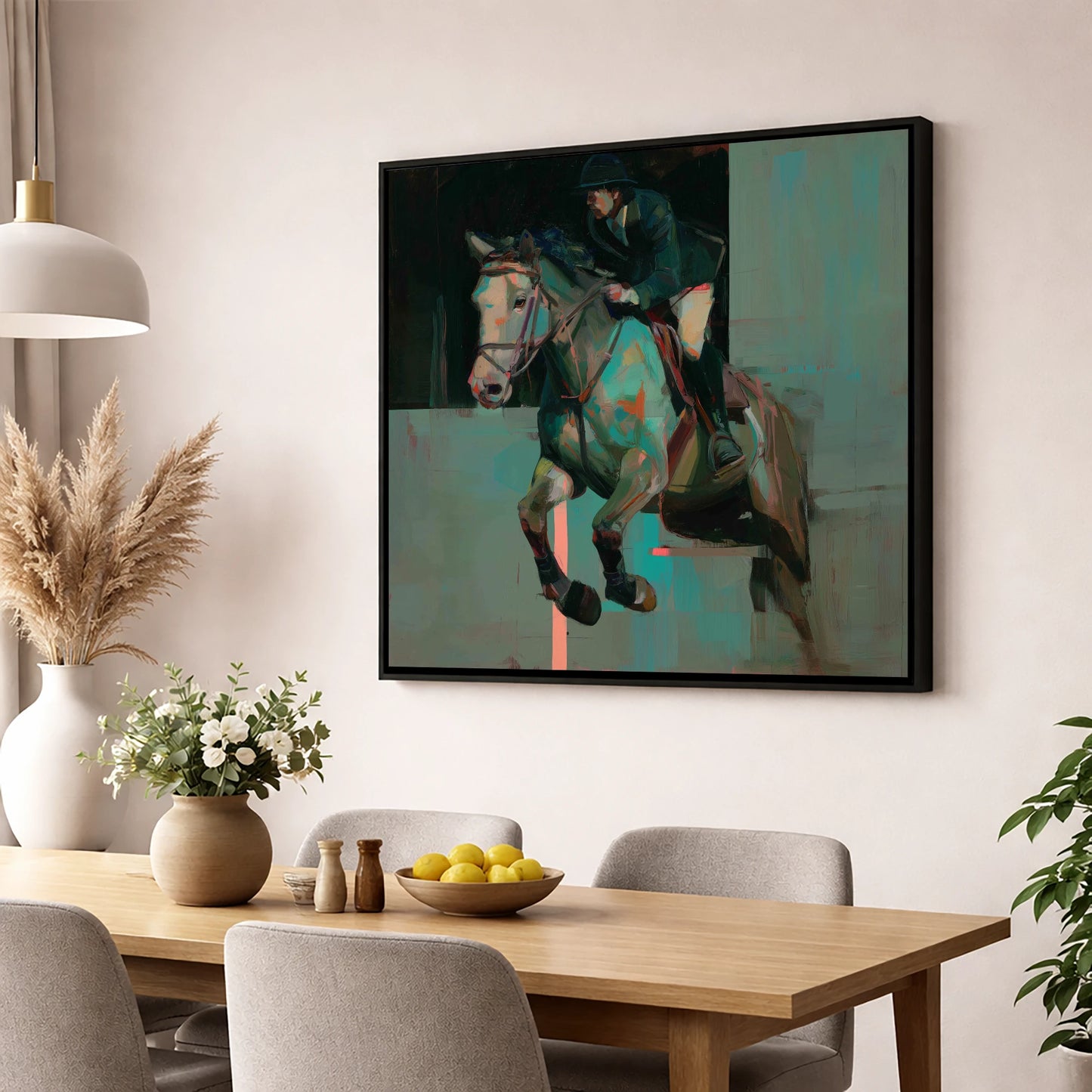 Suspended in Colour show jumping horse wall art displayed in a dining room