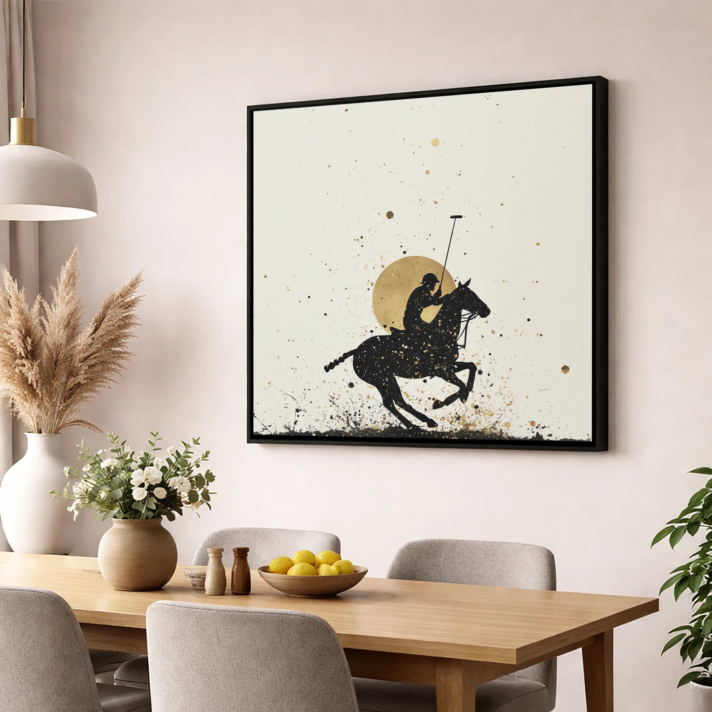 Golden Chukka Eclipse polo horse wall art displayed in a dining room