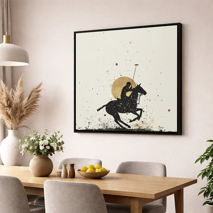 Golden Chukka Eclipse polo horse wall art displayed in a dining room