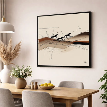 Abstract Sepia Gallop wild horses wall art displayed in a dining room