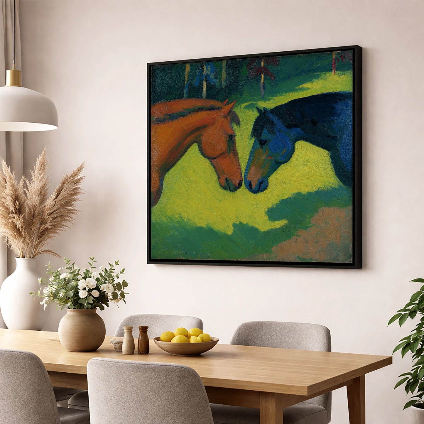 Vibrant Equine Connection horse portrait wall art displayed in a dining room