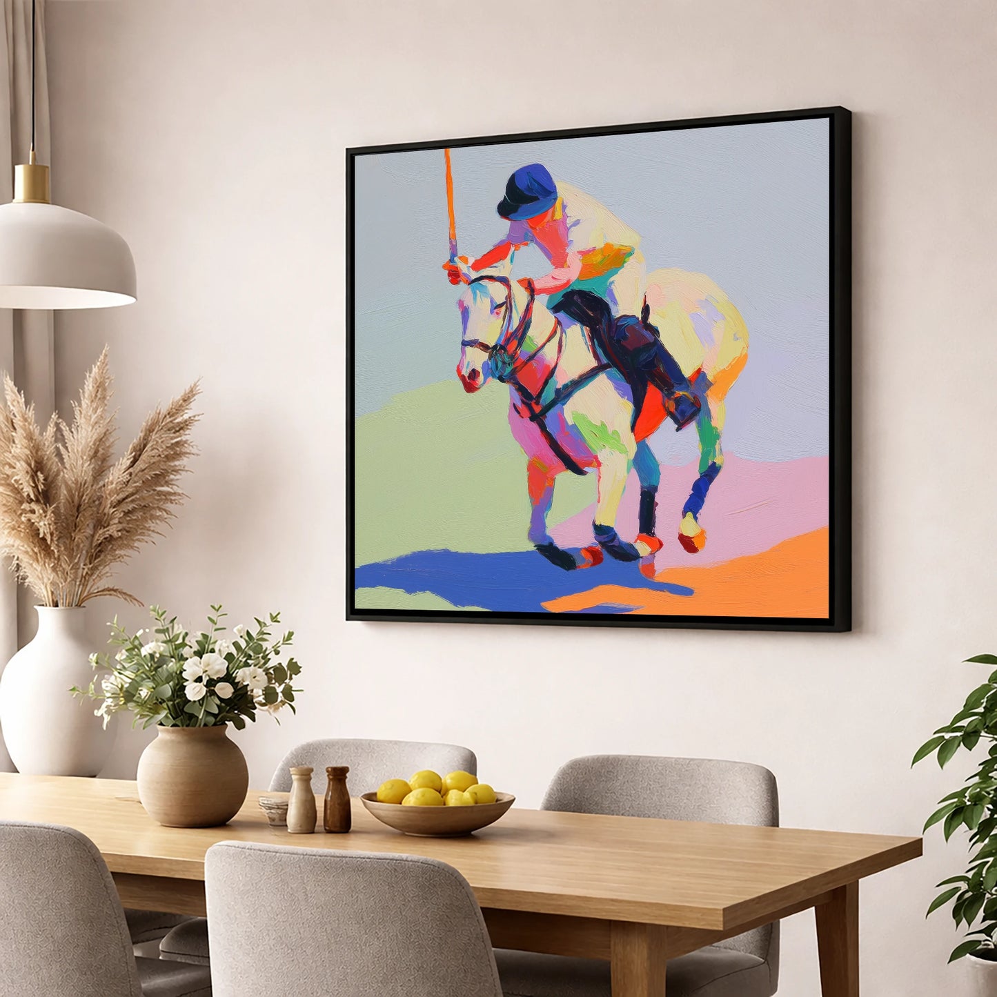 Vibrant Polo Drive polo horse wall art displayed in a dining room