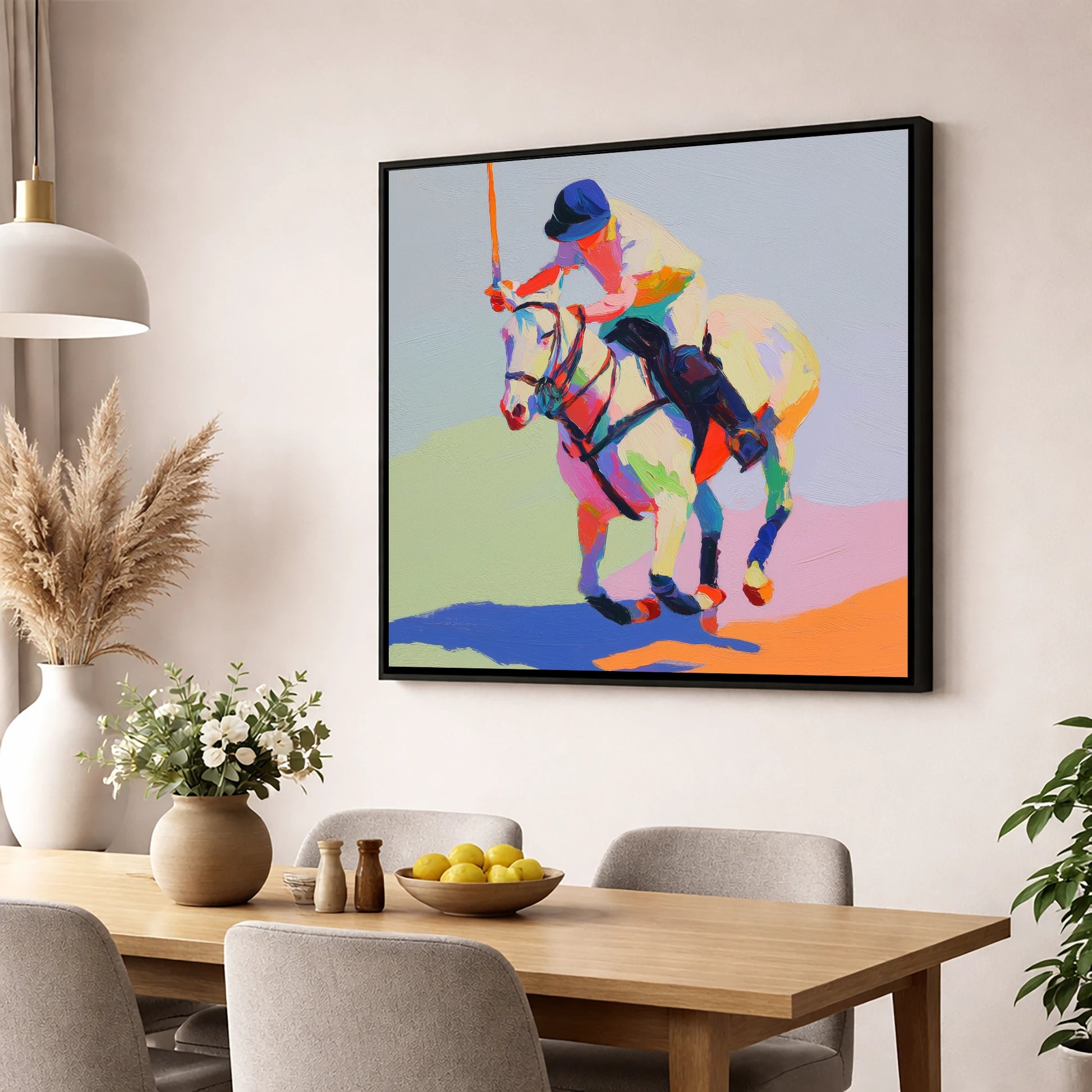 Vibrant Polo Drive polo horse wall art displayed in a dining room